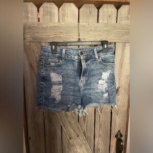True Craft High Waist Distressed Denim Shorts - Blue